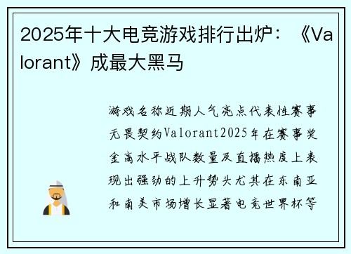 2025年十大电竞游戏排行出炉：《Valorant》成最大黑马